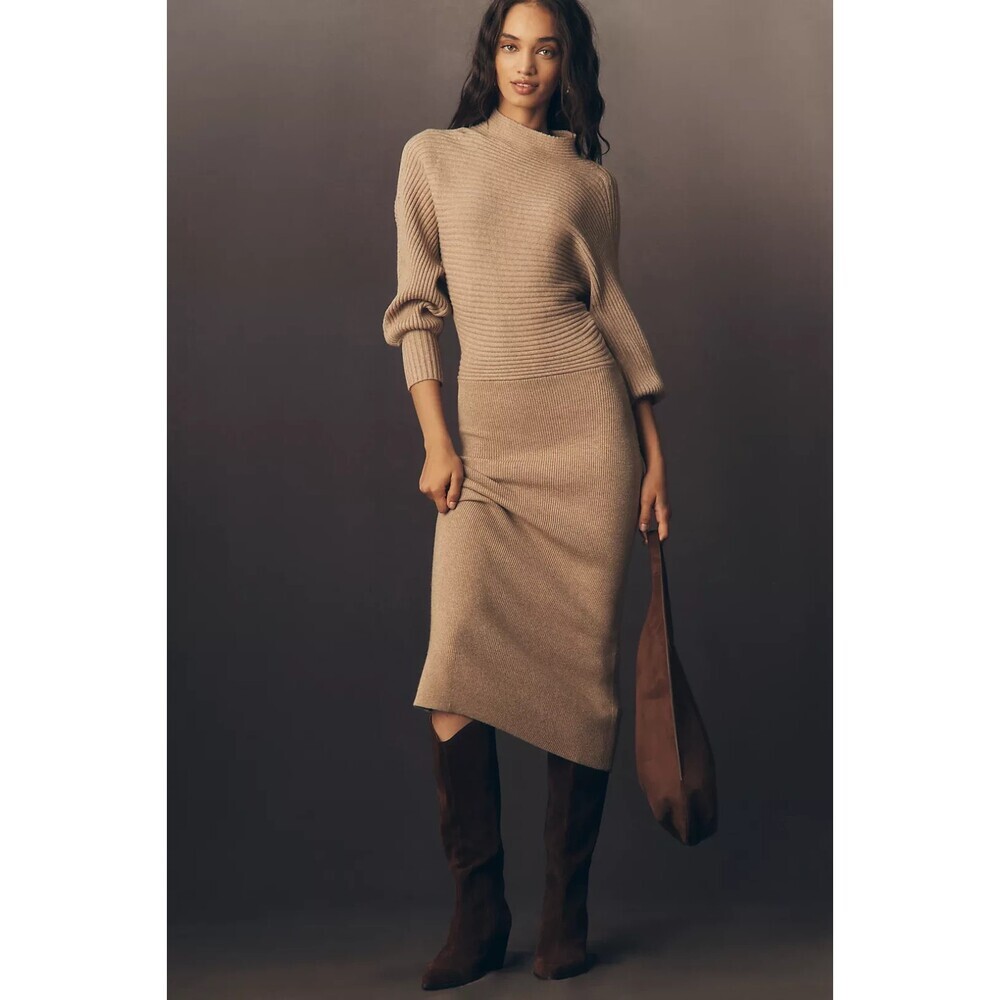 NWT Anthropologie Long-Sleeve Slim Sweater Midi Dress L Tan Brown
